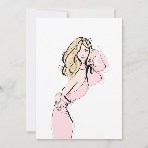 Fashion blonde hair girl in pink dress holiday card