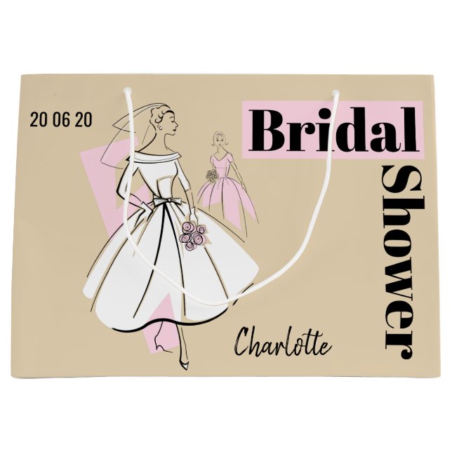 Fashion Bride Neutral Bridal Shower Date Name Large Gift Bag (Front)