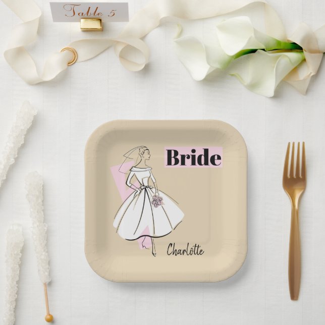 Fashion Bride Neutral Bride Name square Paper Plates (Wedding)