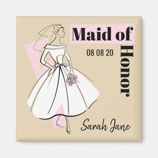 Fashion Bride Neutral Maid of Honor Date Name Magnet (Front)