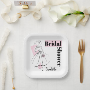 Fashion Bride Pink Bridal Shower Name square Paper Plates