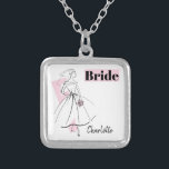 Fashion Bride Pink Bride Name necklace square<br><div class="desc">A mid-century style design with a retro touch featuring line drawings of a bride in pink and white on a white background. Inspired by dress patterns and fashion illustrations from the 1950s and 1960s. A customizable design for you to personalise with your own text, images and ideas. An original digital...</div>