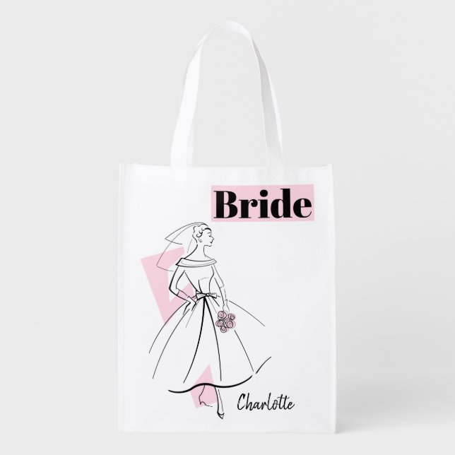 Fashion Bride Pink Bride Name reusable Grocery Bag (Front)