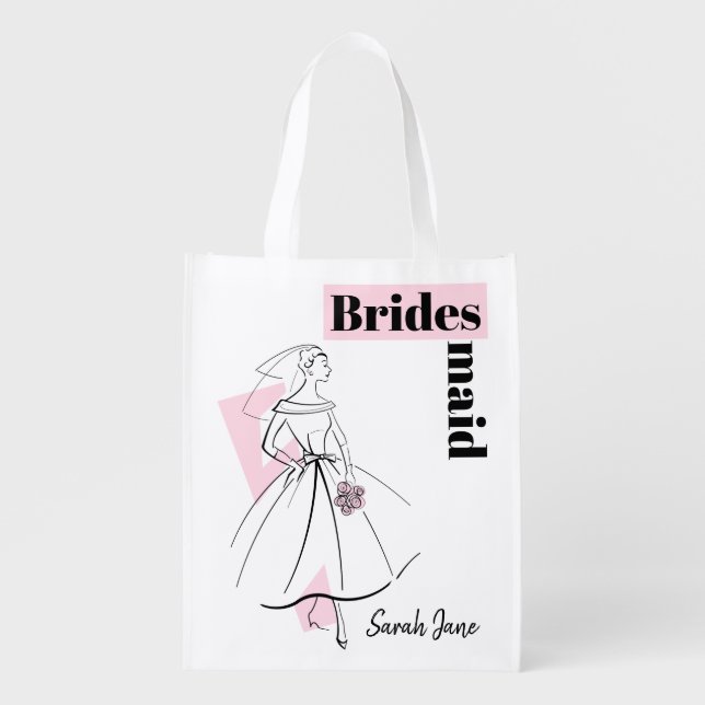 Fashion Bride Pink Bridesmaid Name reusable Grocery Bag (Front)