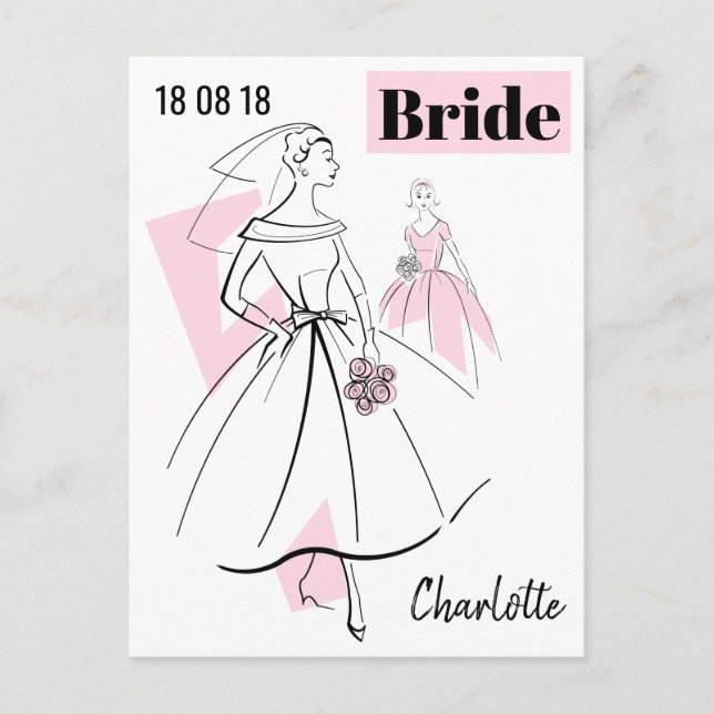 Fashion Bride Pink Group Date Name postcard (Front)