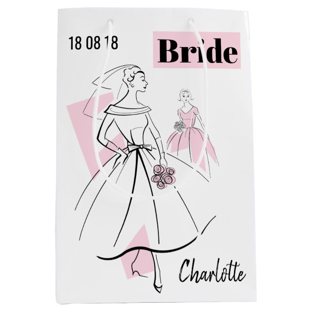 Fashion Bride Pink Name Date gift bag medium (Front)