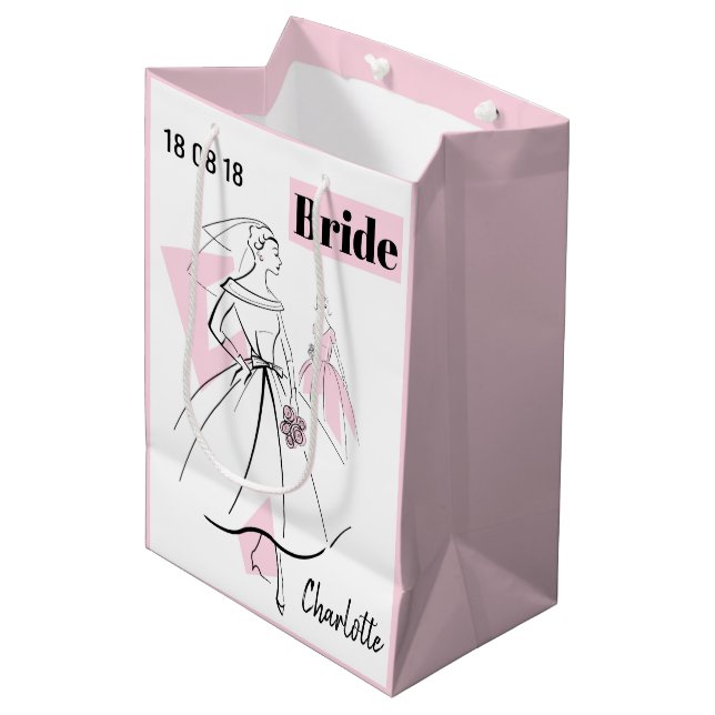 Fashion Bride Pink Name Date gift bag medium pink (Front Angled)