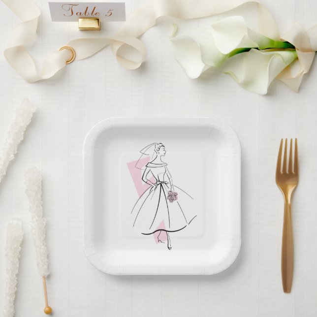Fashion Bride Pink square Paper Plates (Wedding)