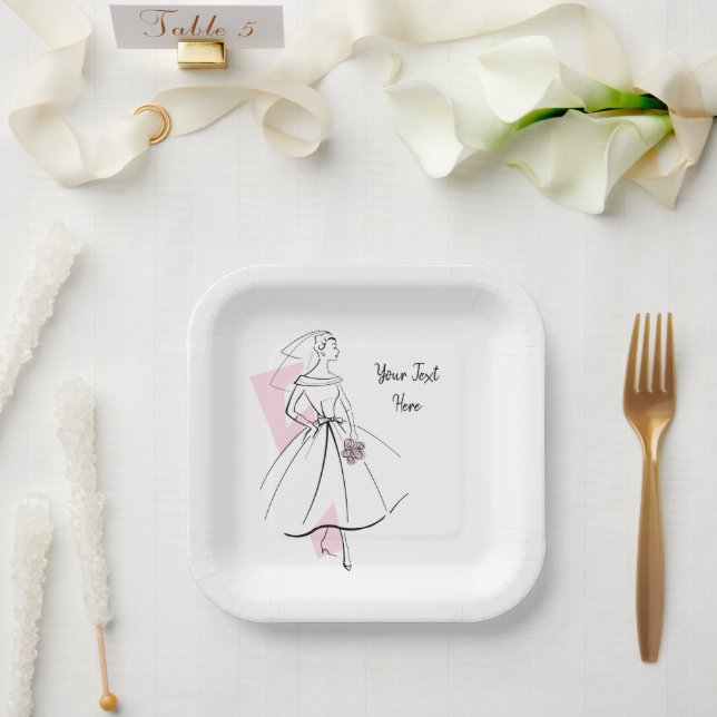 Fashion Bride Pink Text square Paper Plates (Wedding)