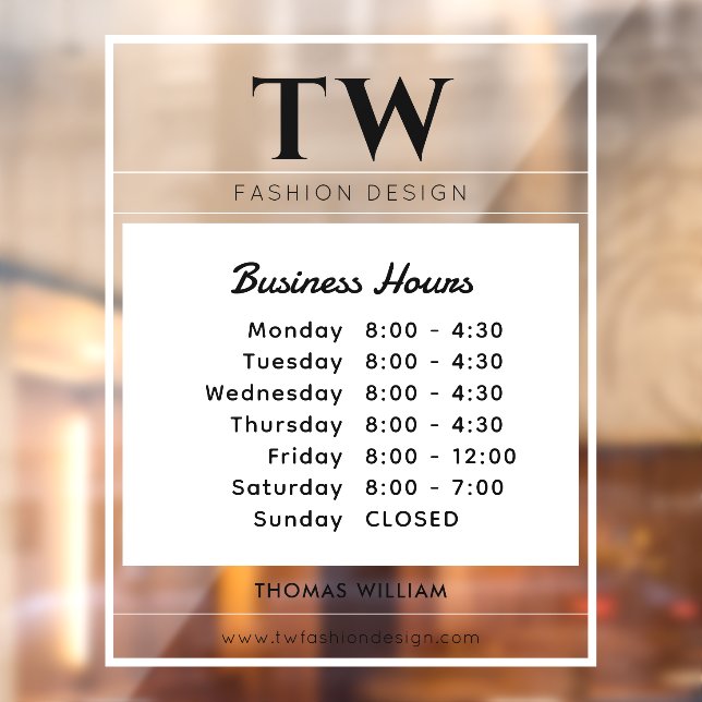 Fashion Business Hours White Semi-transparent  Window Cling (Sheet 2)
