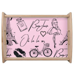 Fashion, calligraphy, Eiffel Tower, lips Serving Tray