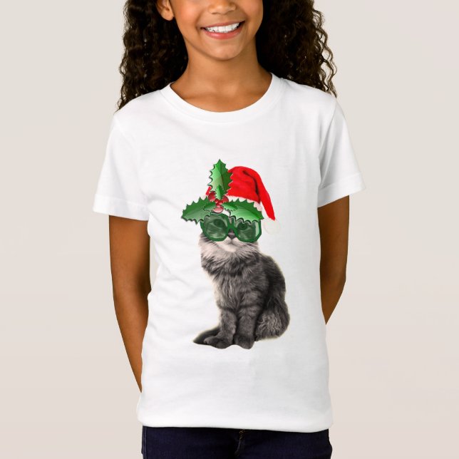 Fashion Cat posing with Santa Claus hat T-Shirt (Front)
