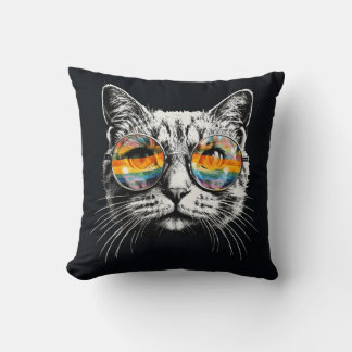 fashion cat with rainbow glasses throw pillow
