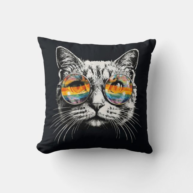 fashion cat with rainbow glasses throw pillow (Front)