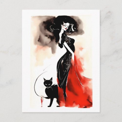 Fashion Celebration Beautiful woman with cat Postcard