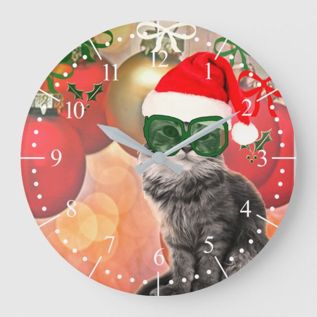 Fashion Christmas Cat with Santa Claus Hat Large Clock (Front)