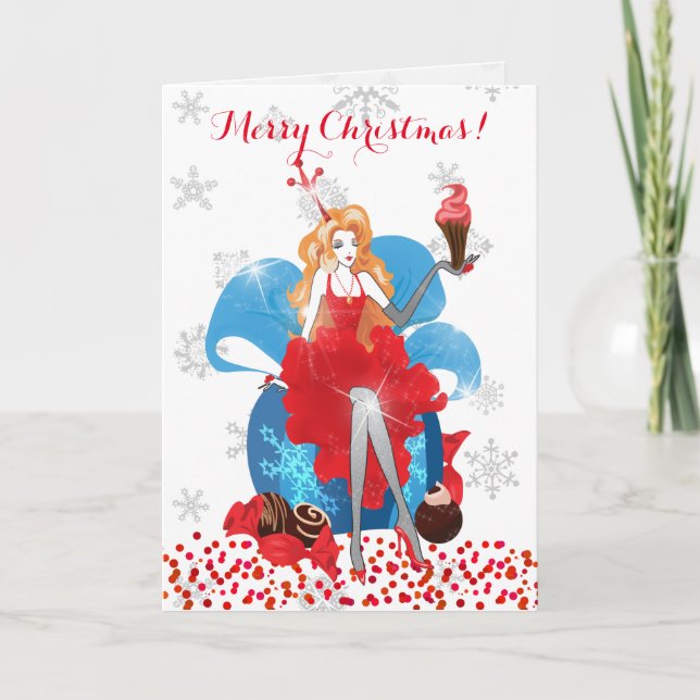 Fashion Christmas stylish red gray illustration Holiday Card (Front)