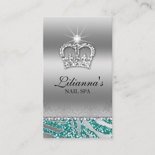 Fashion Crown Salon Spa Silver Teal Crystal Business Cards
