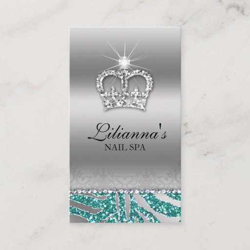 Customizable Fashion Crown Salon Spa Silver Teal Crystal Business Cards