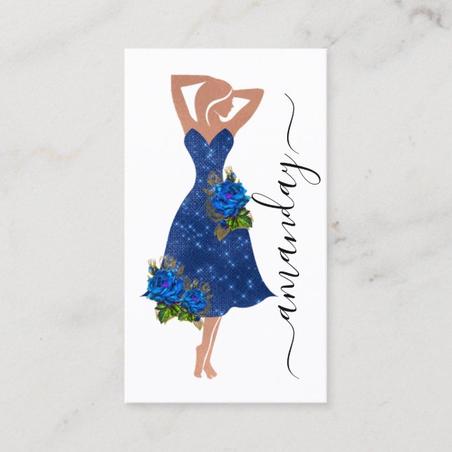 Fashion Designer Dress Logo QR Blue Dress Shop Business Card (Front)