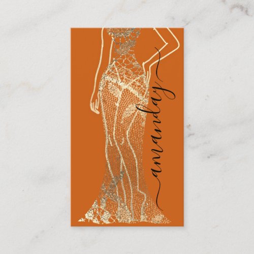 Fashion Designer Dress Logo QR Orange Gold Lace  Business Card