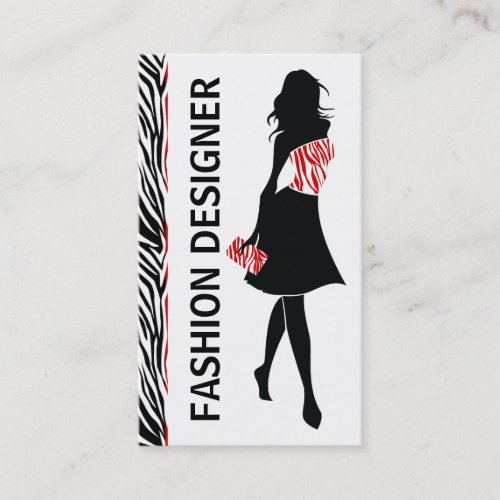 Fashion designer girl black red white zebra print business card