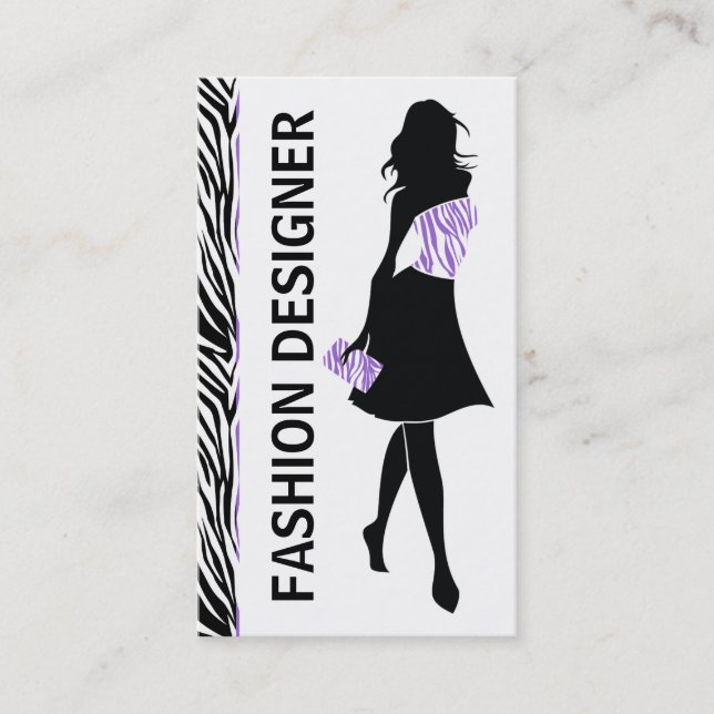 Fashion designer girl purple, white zebra print business card (Front)