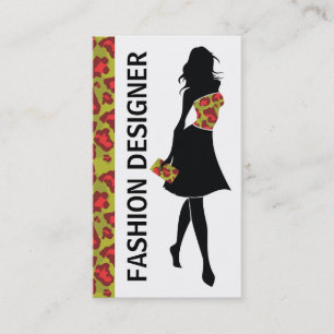 Fashion designer girl red green leopard print business card