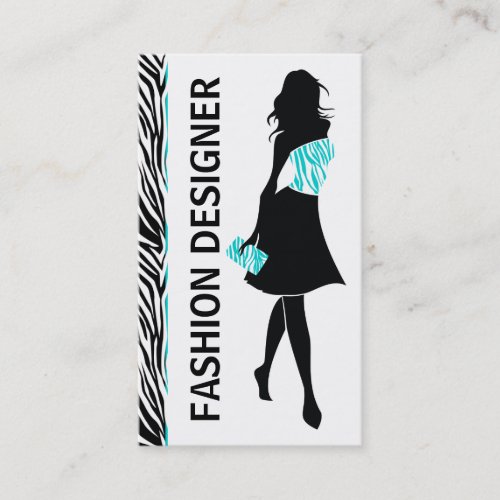 Fashion designer girl turquoise white zebra print business card