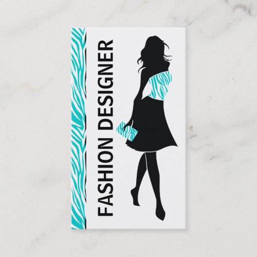 Fashion designer girl turquoise white zebra print business card