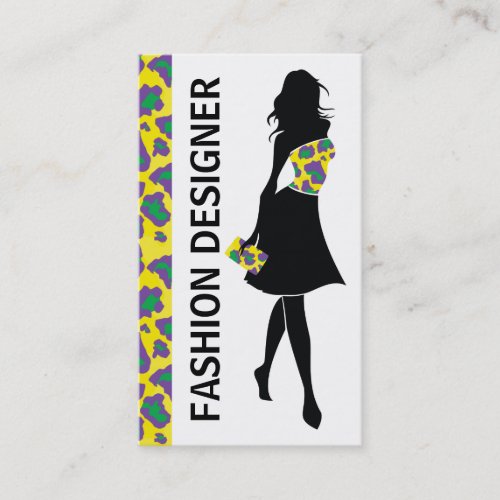 Fashion designer girl yellow purple panther print business card