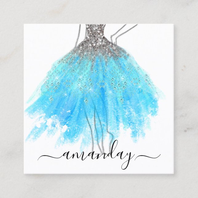 Fashion Designer Glitter Dress Logo QR Gray Blue Square Business Card (Front)