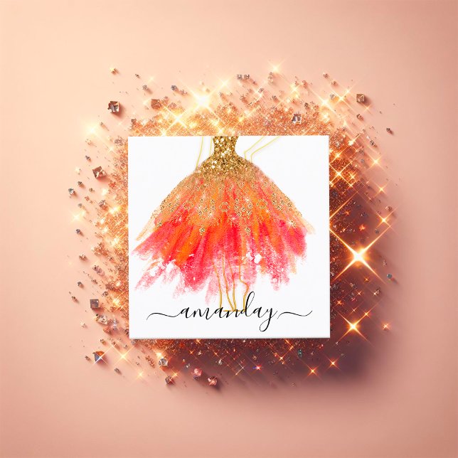 Fashion Designer Glitter Dress Logo QR Red Gold Square Business Card (Fashion Designer Glitter Dress Logo QR Red Gold Square Business Card)