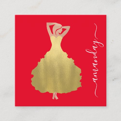Fashion Designer Red Gold Dress Logo QR Code Square Business Card