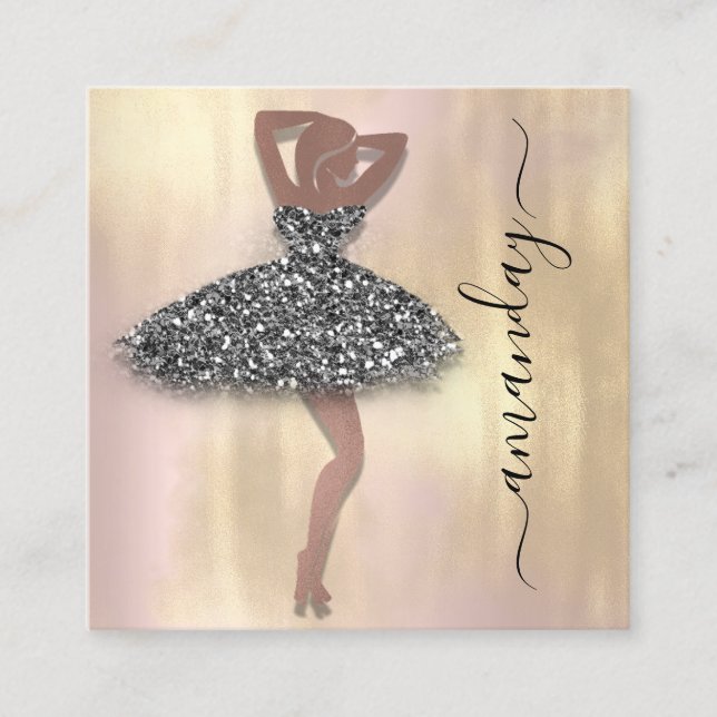 Fashion Designer Shop Rose Black Dress QR Code  Square Business Card (Front)