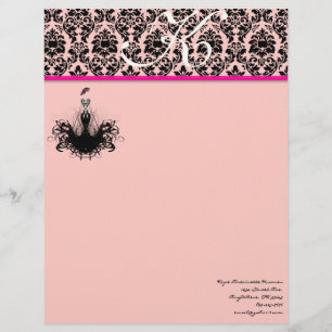 Fashion Diva 2 Pink Raspberry Monogram Damask Letterhead