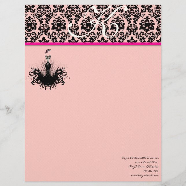 Fashion Diva 2 Pink Raspberry Monogram Damask Letterhead (Front)