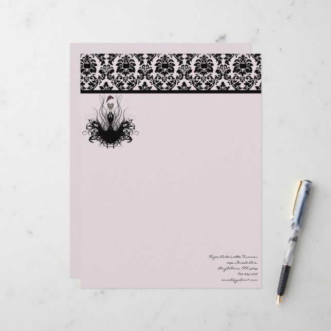 Fashion Diva 3 Pink Raspberry Monogram Damask Letterhead (Front/Back In Situ)