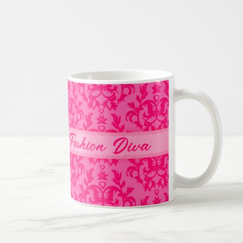 Fashion Diva damask hot pink girls mug