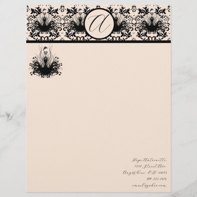 Fashion Diva Hot Pink Raspberry Monogram Damask Letterhead (Front)