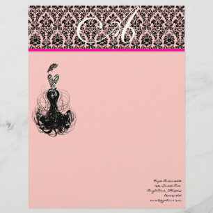 Fashion Diva Pink Raspberry Monogram Damask 2 Letterhead
