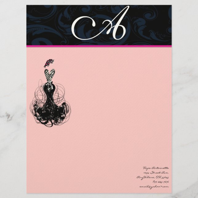 Fashion Diva Pink Raspberry Monogram Damask Letterhead (Front)