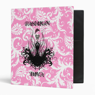Fashion Diva White Damask Raspberry Binder