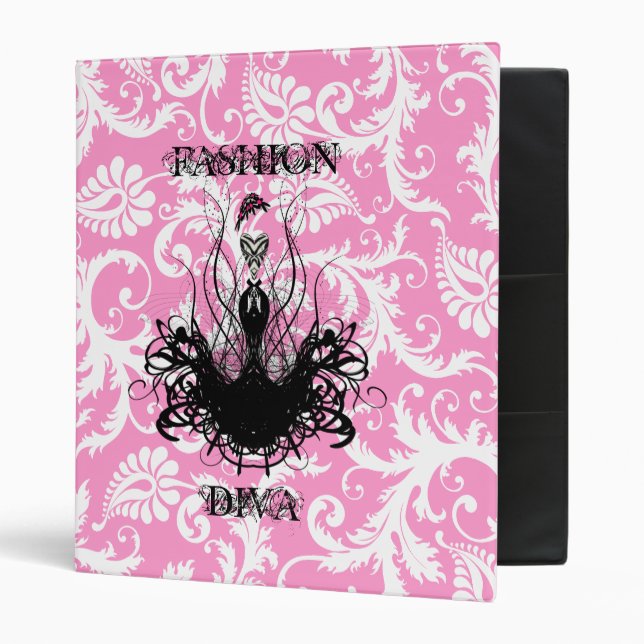 Fashion Diva White Damask Raspberry Binder (Front/Inside)