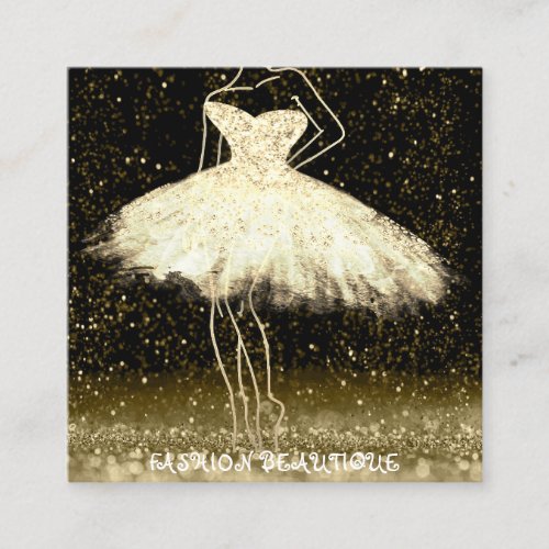 Fashion Dress Logo QR Code Black Glitter Gold Square Business Card