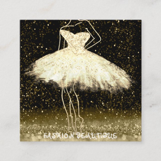 Fashion Dress Logo QR Code Black Glitter Gold Square Business Card (Front)