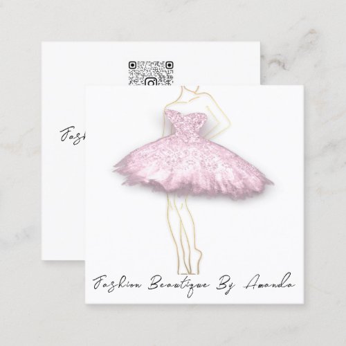 Fashion Dress Logo QR Code Glitter Gold Pink Square Business Card