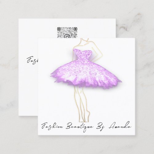 Fashion Dress Logo QR Code Glitter Gold Purple Square Business Card