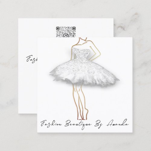 Fashion Dress Logo QR Code Glitter Gold White Square Business Card
