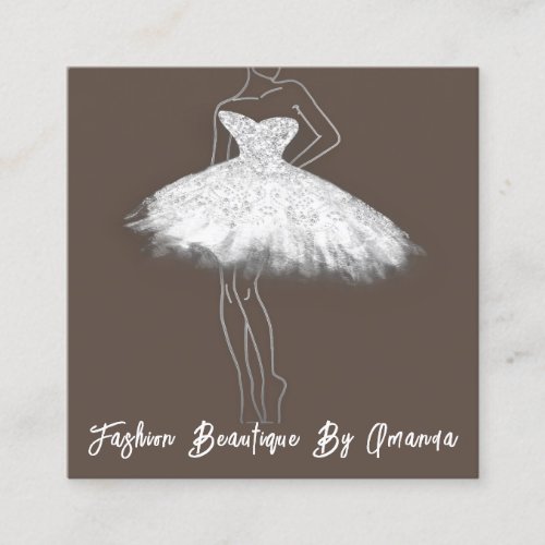 Fashion Dress Logo QR Code Glitter Gray Brown Square Business Card
